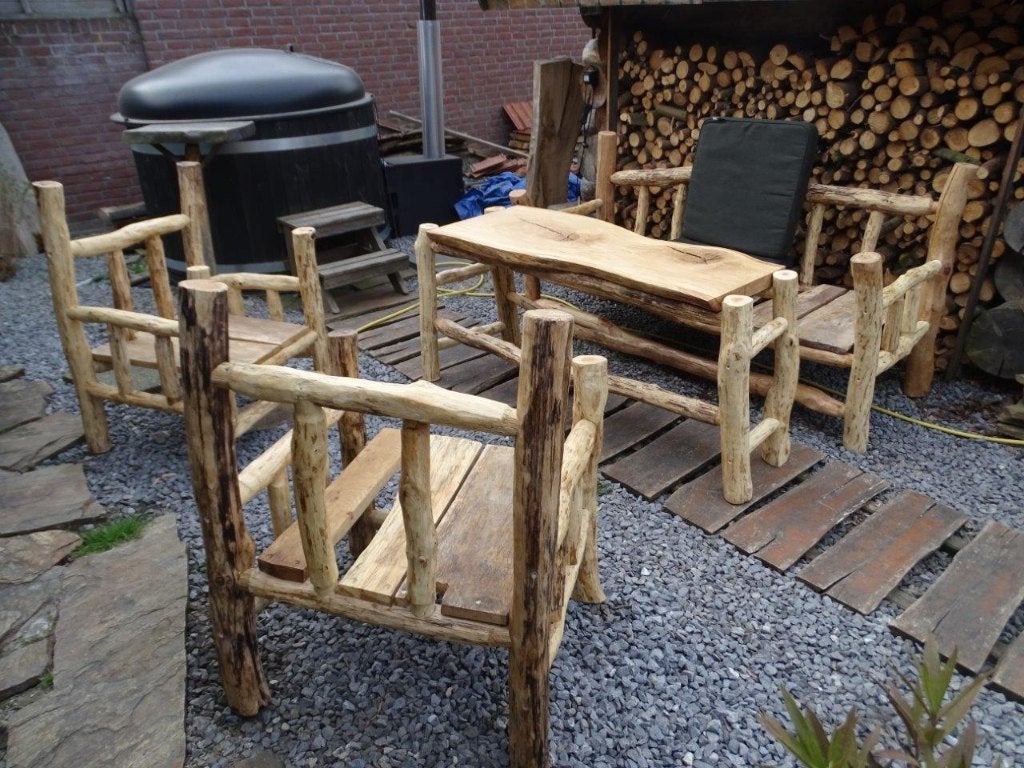loungebank set boomstam bank stoel bed tafel eiken, Tuin en Terras, Ophalen, Hardhout, Nieuw, Eettafel