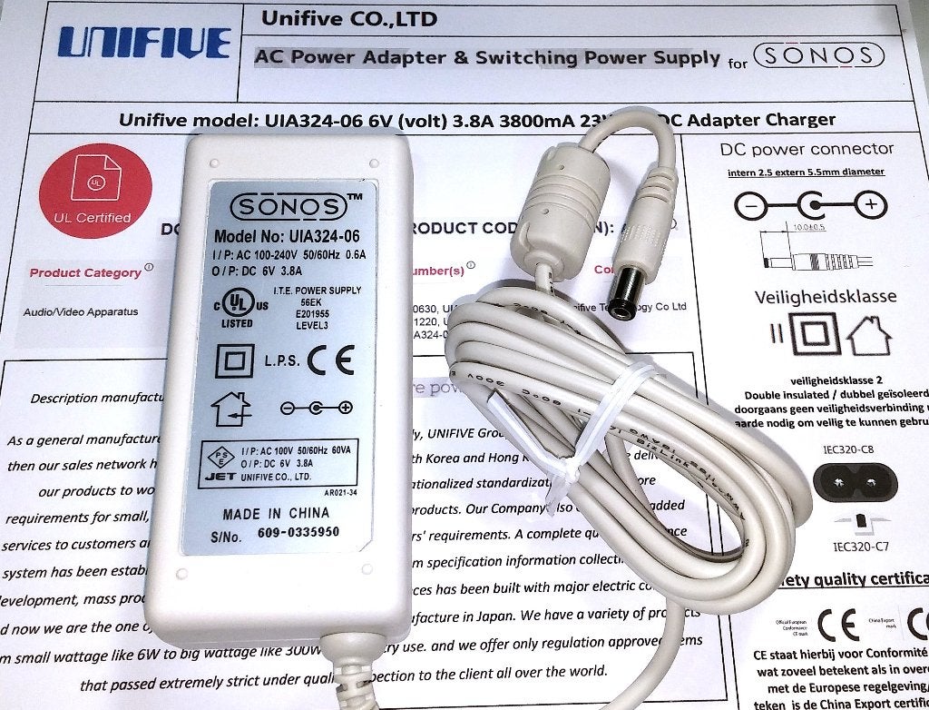 UNIFIVE UIA324-06 6V 3.8A 3800mA 22.8W Adapter Sonos Lader, Ophalen of Verzenden, Nieuw