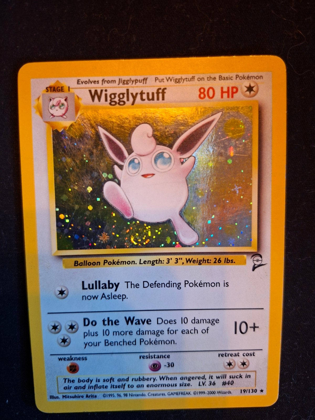 Pokémon Wigglytuff 19/130 base set HOLO + swirl, Ophalen of Verzenden, Gebruikt, Losse kaart, Foil