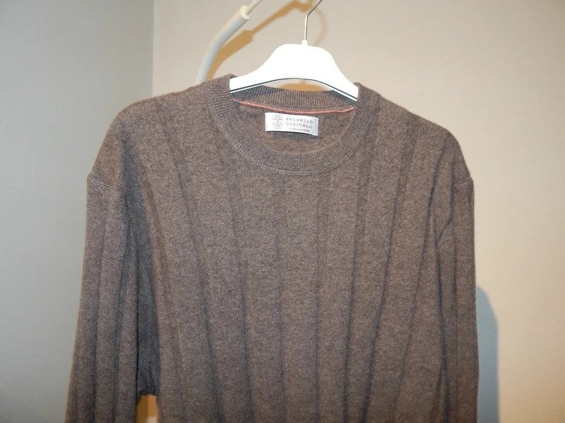Brunello Cucinelli cashmere trui leren armlappen IT 56, Bruin, Verzenden, Overige maten, Brunello Cucinelli