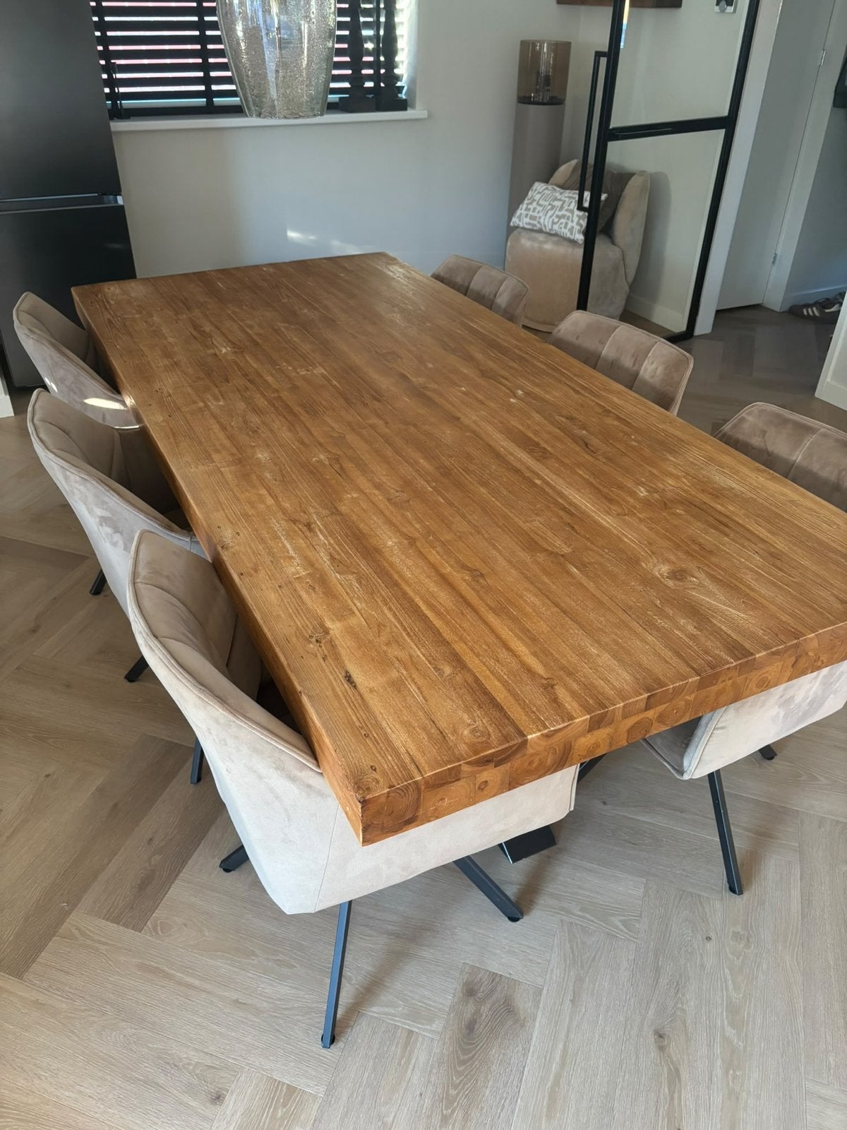 Robuuste houten eettafel 220x105x77 cm, Huis en Inrichting, Ophalen, Gebruikt, 100 tot 150 cm, 200 cm of meer