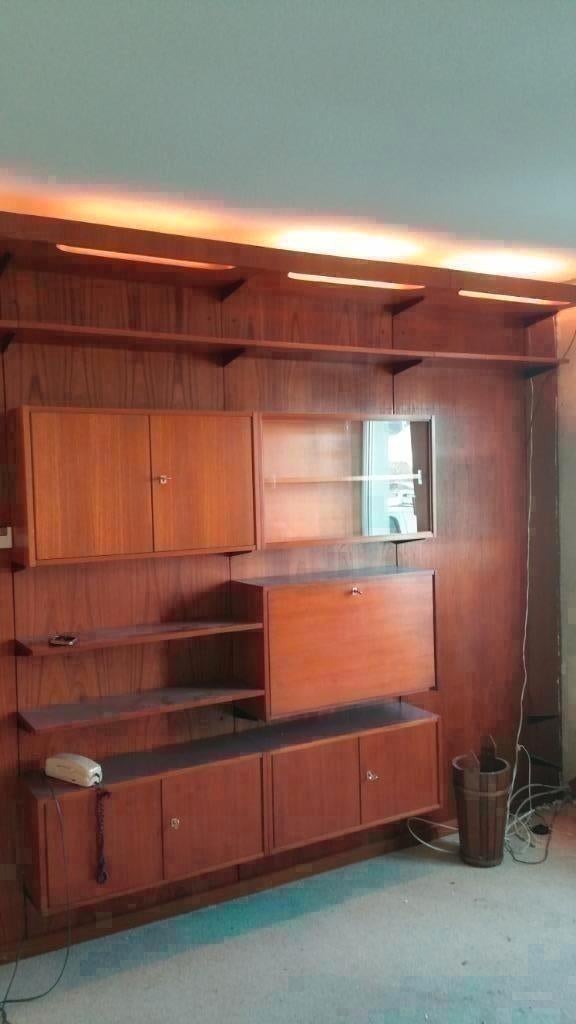 vintage wallunit deens modules teak 60s, Huis en Inrichting, Kasten | Wandmeubels, .., Gebruikt, Glas, Minder dan 100 cm