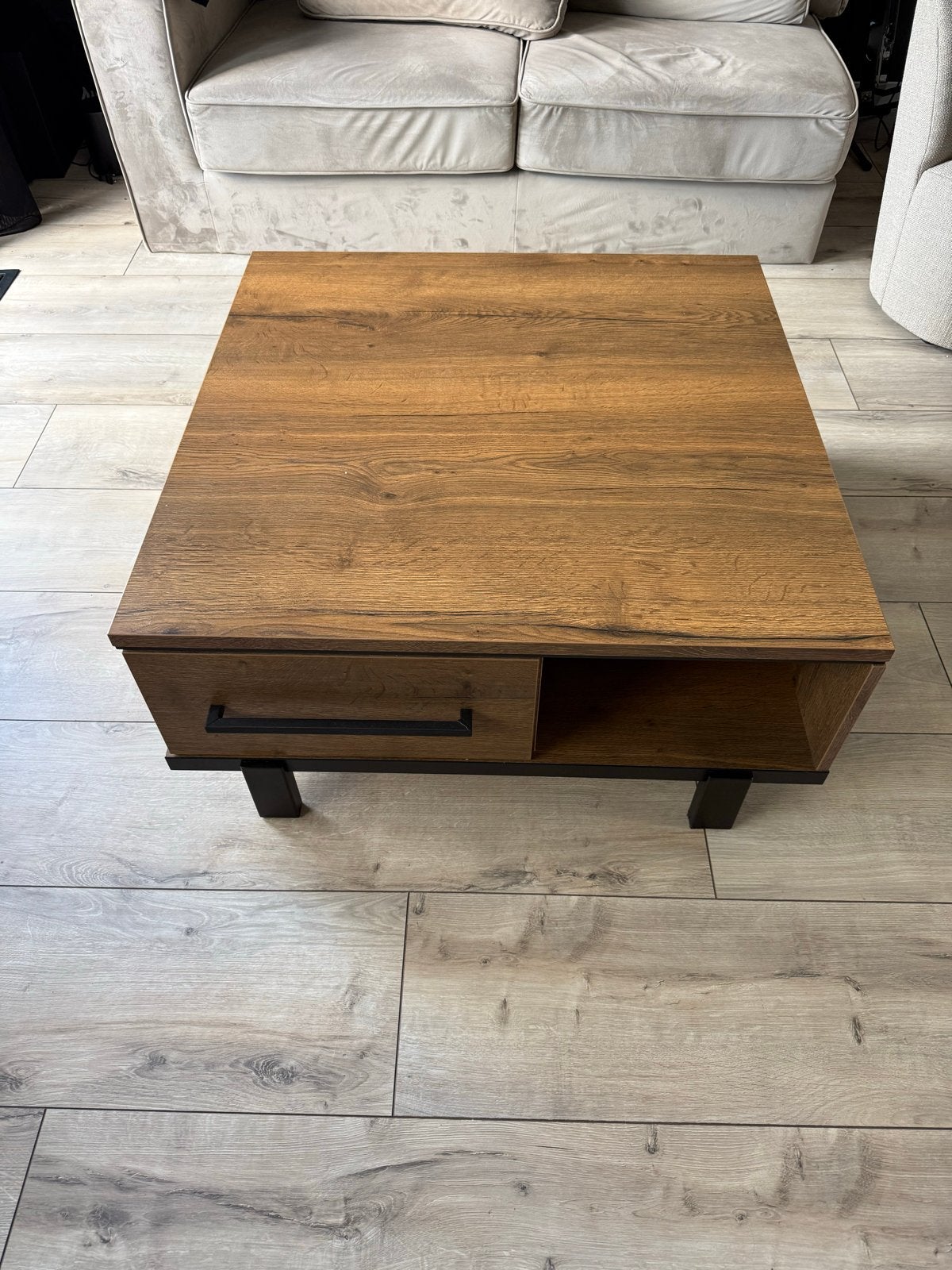 Moderne Salontafel met Lade en Opbergvak - Hout en Metaal, Ophalen, 100 tot 150 cm, Vierkant, 50 tot 100 cm