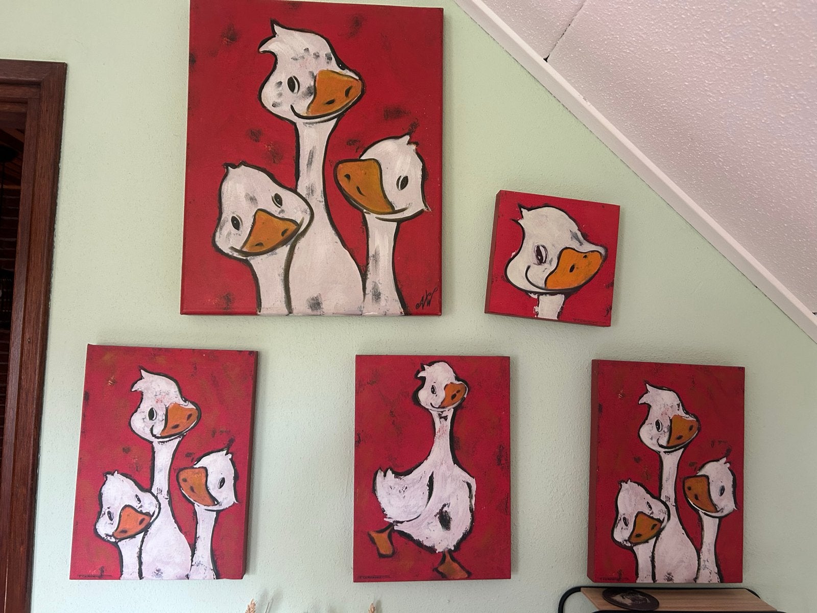 Set van 5 vrolijke ganzen schilderijen, Antiek en Kunst, Doek, Expressionistisch, Dieren, Ophalen of Verzenden