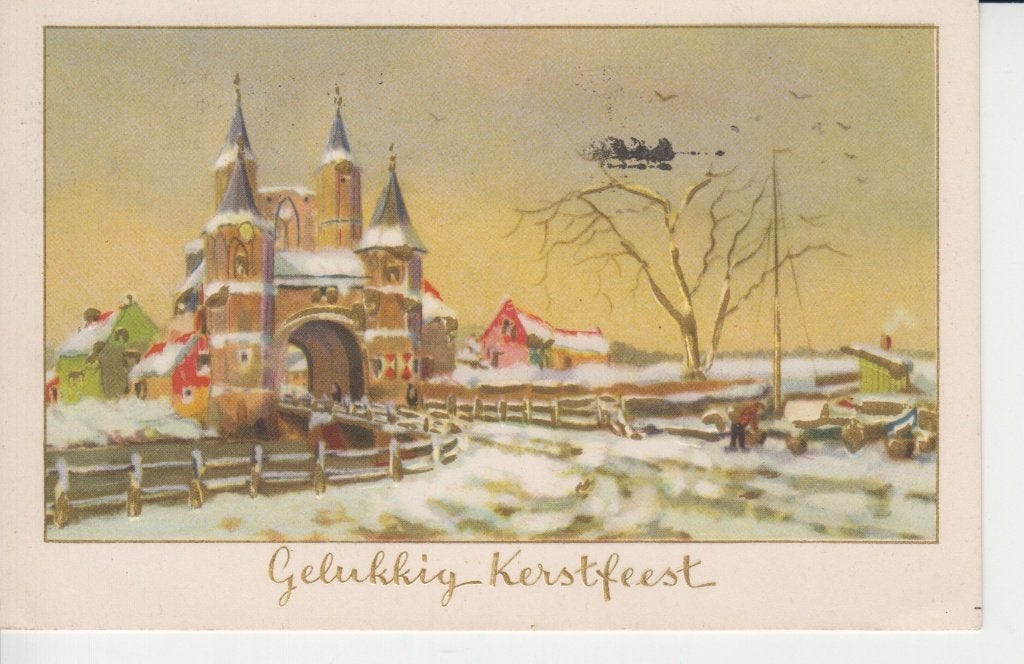 D105 ansichtkaart 1950 kerstfeest met iets relief streepjes, Verzamelen, Ophalen of Verzenden, 1940 tot 1960, Gelopen, Feest(dag)
