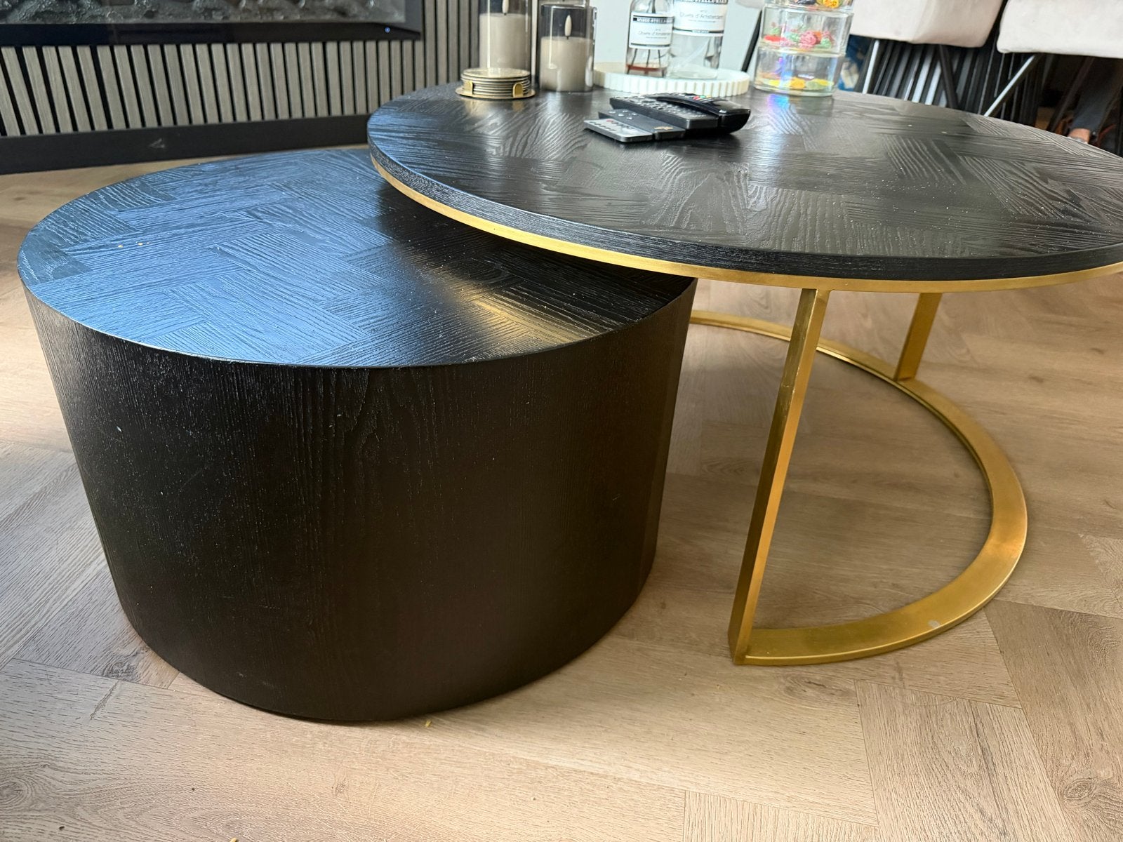 Salontafel set zwart met goud, 2-delig, Ophalen, Gebruikt, Rond, 50 tot 100 cm