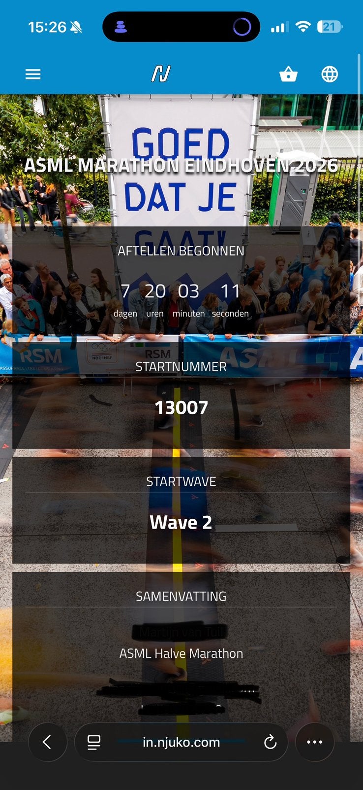 Ticket voor de halve marathon van Eindhoven, Eén persoon, Oktober