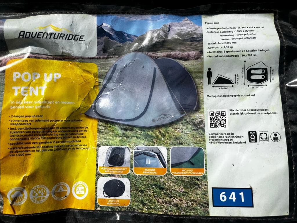 Adventuridge Pop-up Tent - 2-persoons, Ophalen, Gebruikt, Tot en met 2