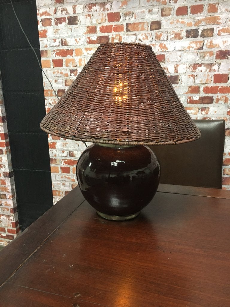 Tafel lamp bruin met rieten lampenkap, Ophalen, Bruin, Rond, Zo goed als nieuw