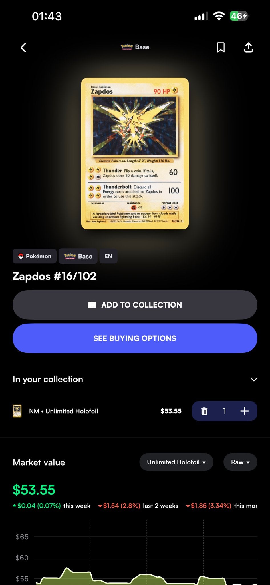 Pokémon Zapdos #16/102 Base Set Holo Foil, Ophalen of Verzenden, Zo goed als nieuw, Losse kaart, Foil