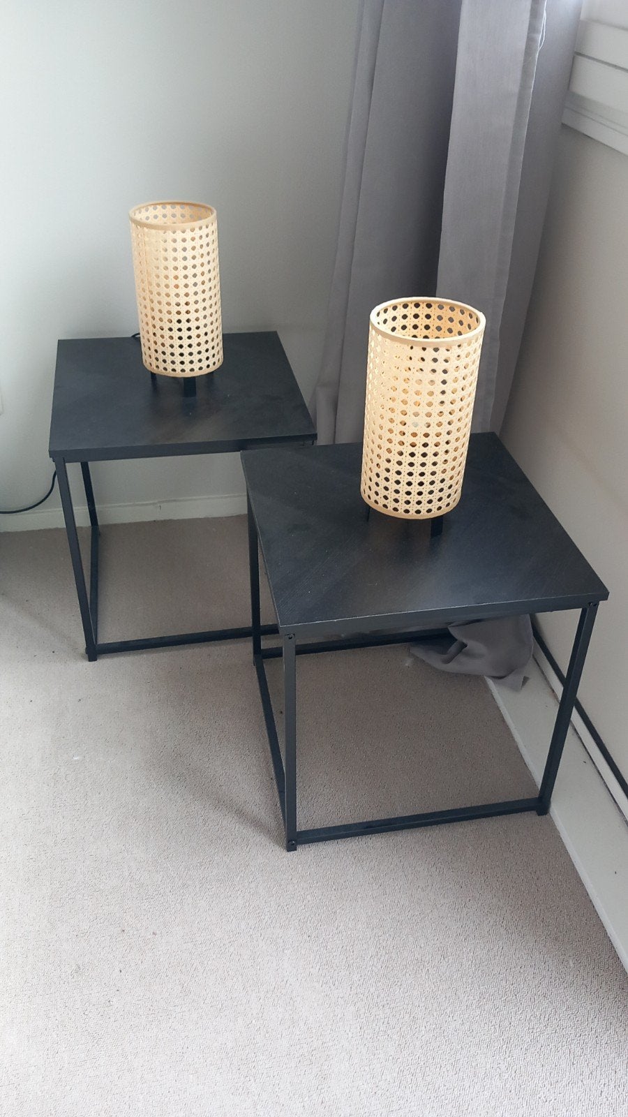 Set van 2 kubus tafeltje met rotan lampen, Ophalen, Gebruikt, Hout