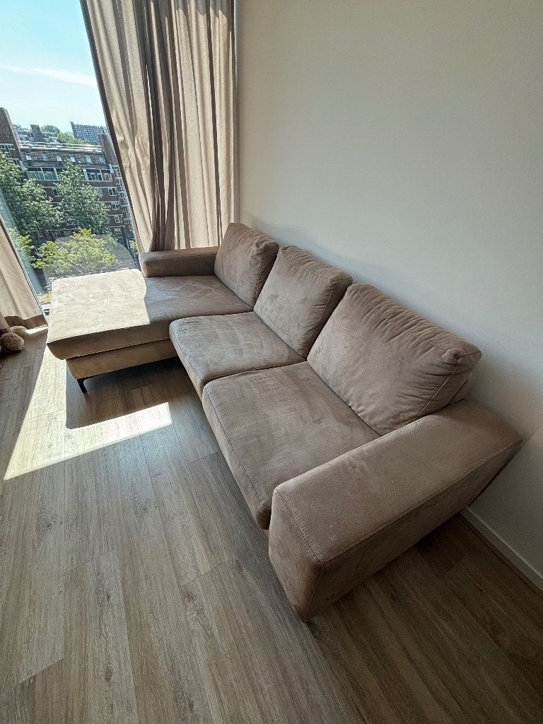 Mooie ruime hoekbank  – beige/taupe, Ophalen, 250 tot 300 cm, Gebruikt, Mooie ruime hoekbank – beige/taupe