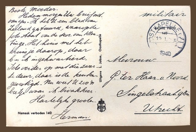 Kaart uit 1940 van militair Herman ter Haar Utrecht, Ophalen of Verzenden, Landmacht, Nederland, Overige typen