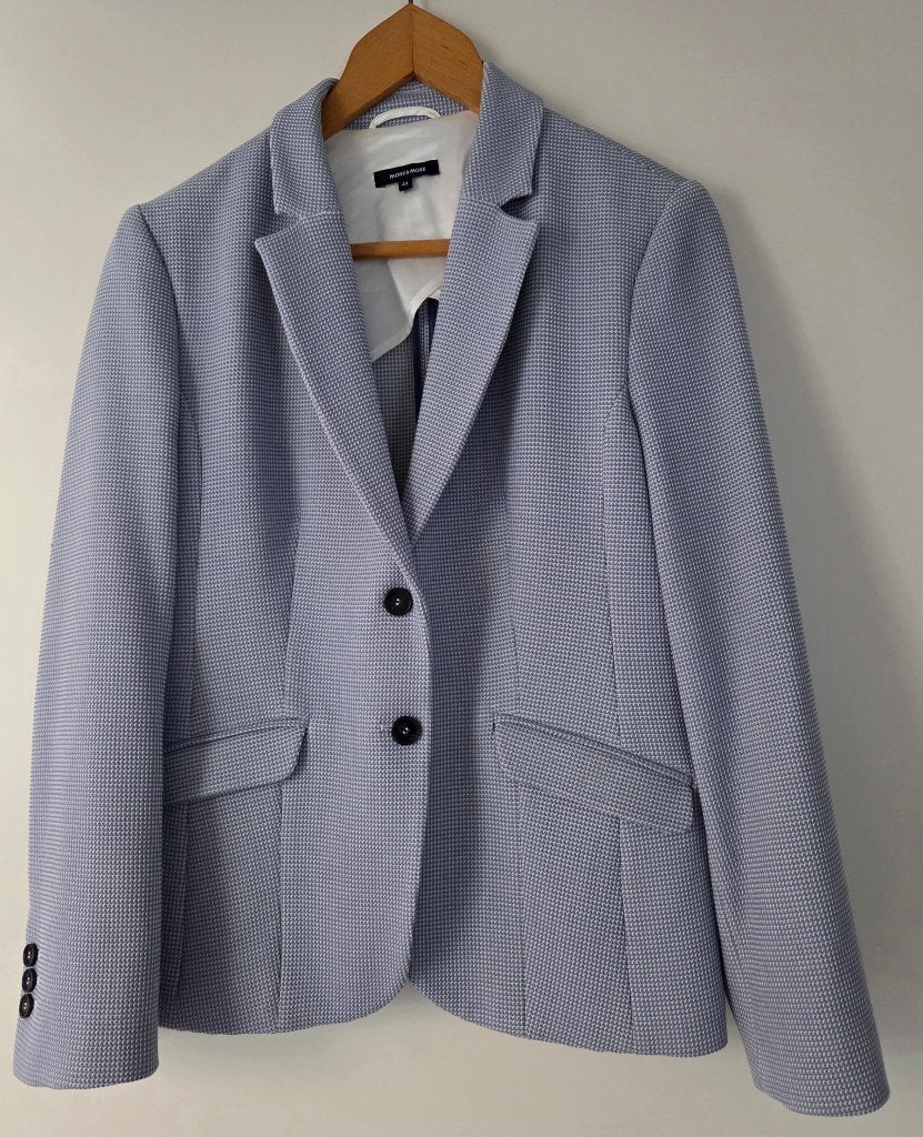 Prachtig gemêleerd baby-/lichtblauw colbert Maat 44, Zo goed als nieuw, Jasje, Verzenden, Blauw