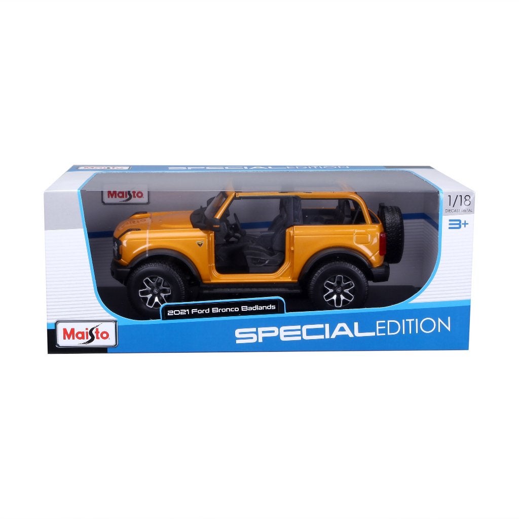 Maisto: 2021 Ford Bronco Badlands oranje (No Doors) 1:18, Hobby en Vrije tijd, Modelauto's | 1:18, Overige merken, ., Nieuw, Ophalen of Verzenden