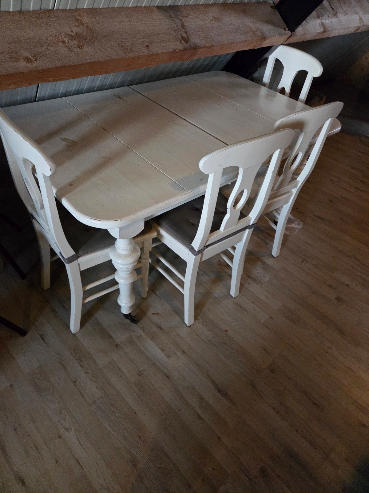 verlengbare eettafel met 6 stoelen op bolpoten, Huis en Inrichting, Ophalen, Gebruikt, 200 cm of meer, 50 tot 100 cm