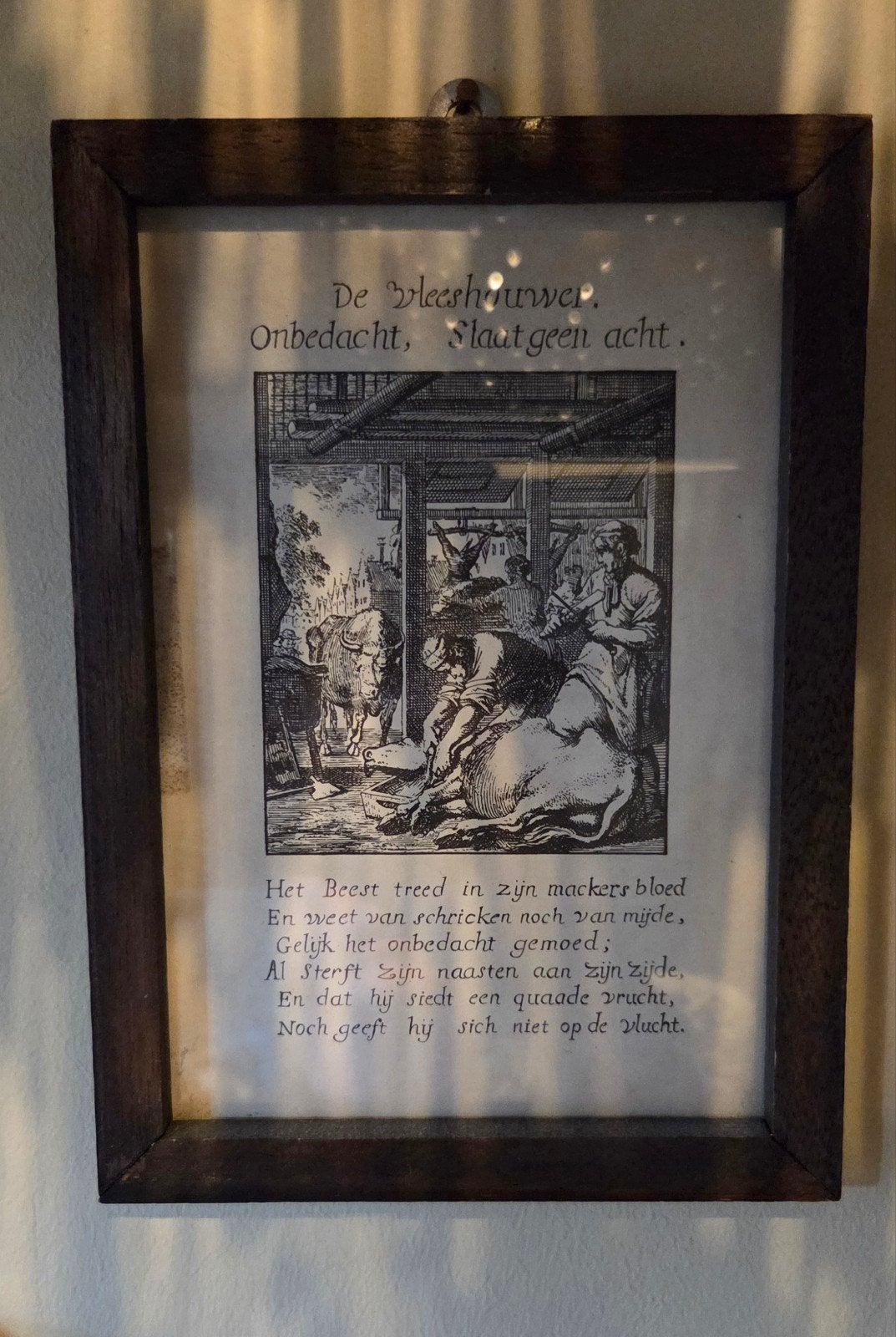 Oude prent: De Vleeshouwer - Onbedacht, Slaat geen acht, Dagelijks leven, Ingelijst, Ophalen of Verzenden, Gravure
