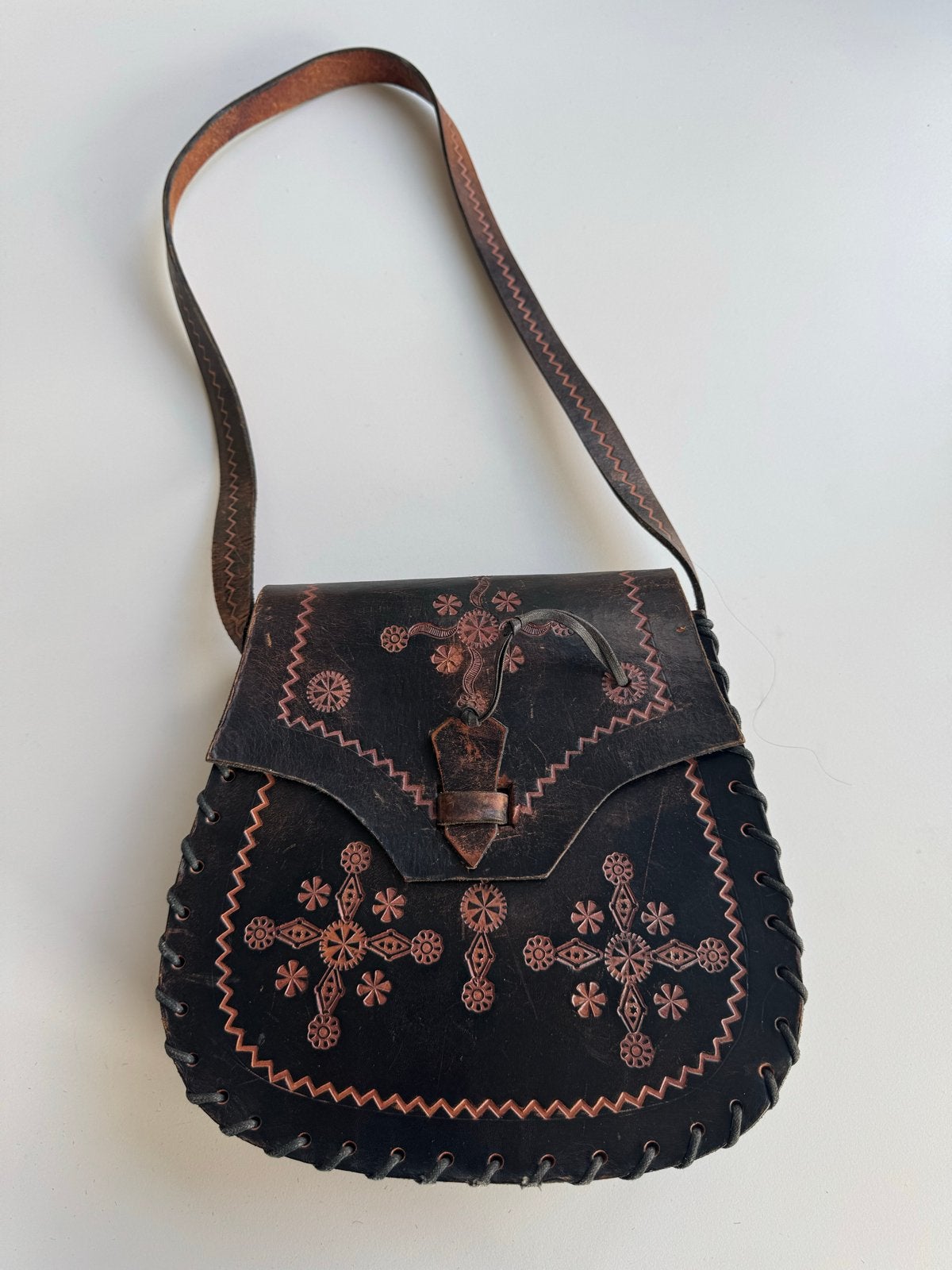 Vintage Boho Leren Schoudertas Jaren '70 Stijl, Verzenden, Gebruikt, Bruin, Schoudertasje