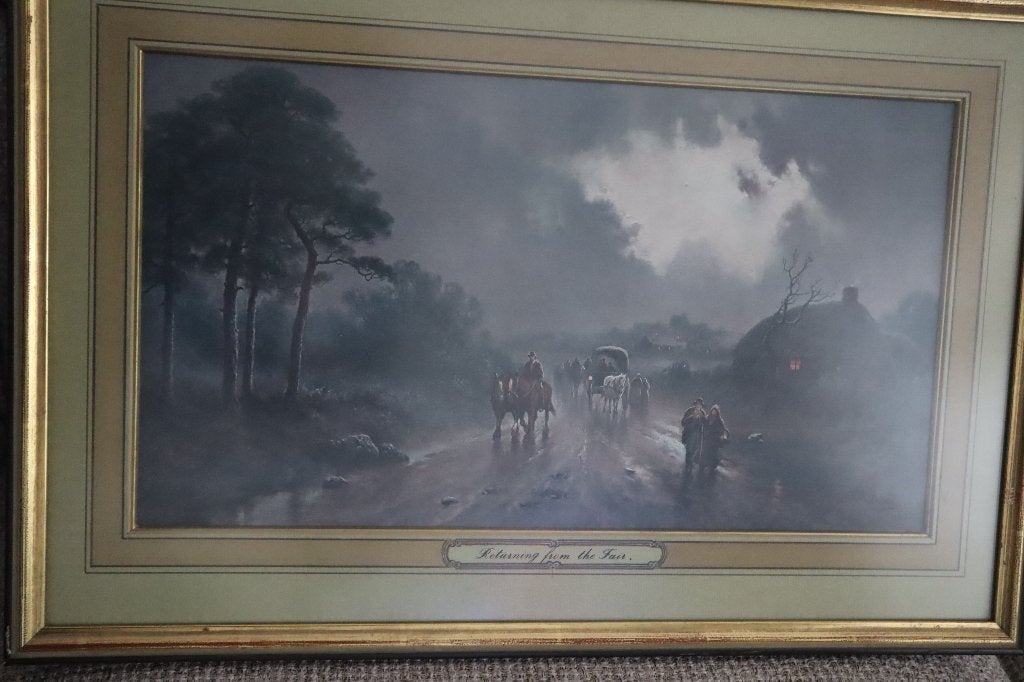 Acquarel 'Returning from the Fair' - F. Arnold (ingelijst), Realistisch, Ophalen of Verzenden, Landschap, Aquarel