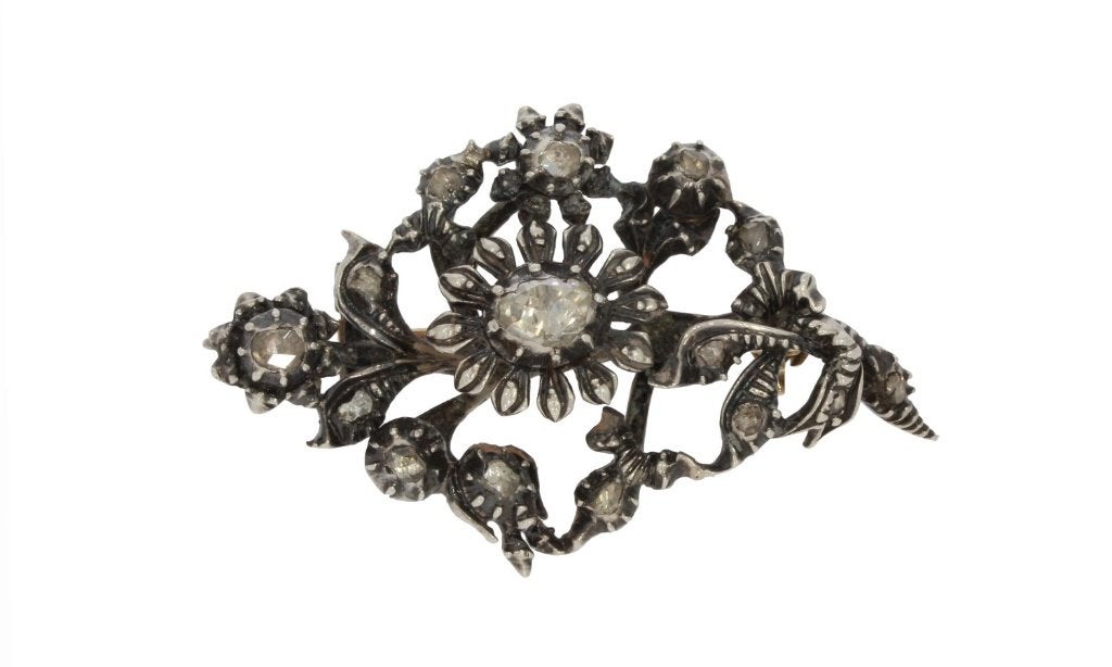 Diamanten fraai antieke 14k gouden broche zilver bloem tak, Verzenden, Goud, Hanger, Met edelsteen