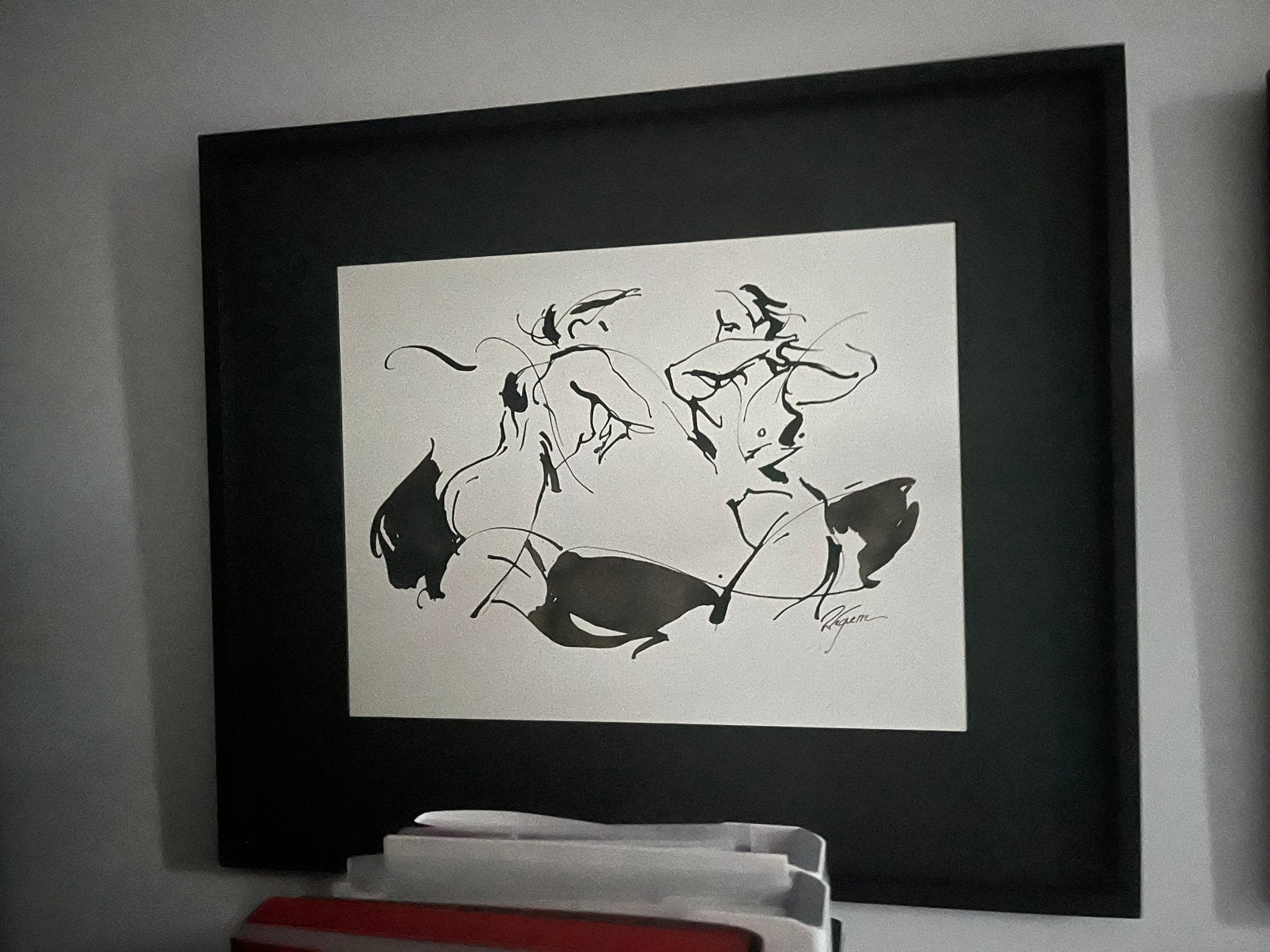 Cyril Requirre. Zwart wit inkttekening, Antiek en Kunst, Ophalen, Figuren, Hout, Passe-partout