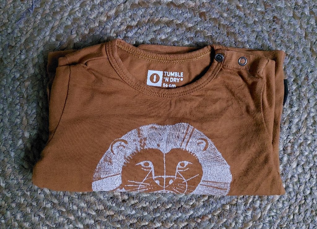 Shirt lange mouw oranje met een leeuwenkop - maat 56, Kinderen en Baby's, Babykleding | Maat 56, Tumble 'n Dry, Gebruikt, Jongetje of Meisje