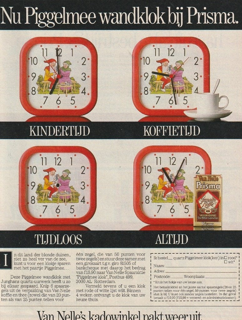 Retro reclame 1985 Van Nelle Piggelmee wandklok klok, Verzamelen, Retro, Verzenden, Overige typen