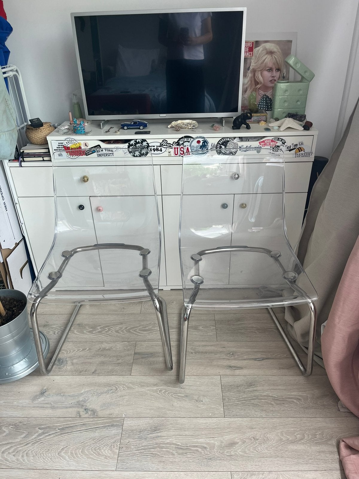 2x Ikea Tobias Stoel €50, Ophalen, Gebruikt, Eetkamer stoel, verchroomde buizen, transparant, Twee