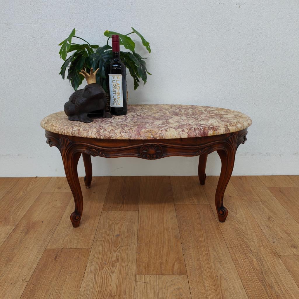 Vintage Ovale salontafel, koffietafel met marmer blad 914, Huis en Inrichting, Tafels | Salontafels, Valkenswaard, Gebruikt, 100 tot 150 cm