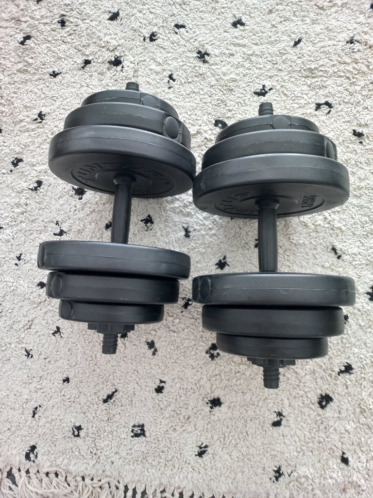 2x verstelbare dumbbells – 14 kg per stuk, Sport en Fitness, Fitnessmaterialen, Ophalen, Zo goed als nieuw, Rug, Dumbbell