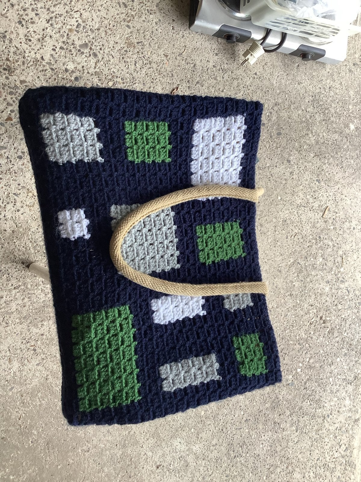 Gehaakte boodschappentas met kleurrijke blokken, Ophalen of Verzenden, Zo goed als nieuw, Blauw, Shopper