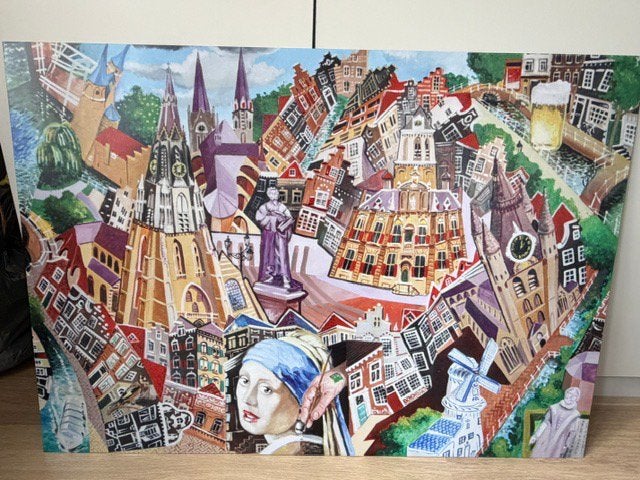 Gezicht op Delft met meisje van Vermeer, Ophalen, Meerkleurig, 85 cm, Schilderij/print