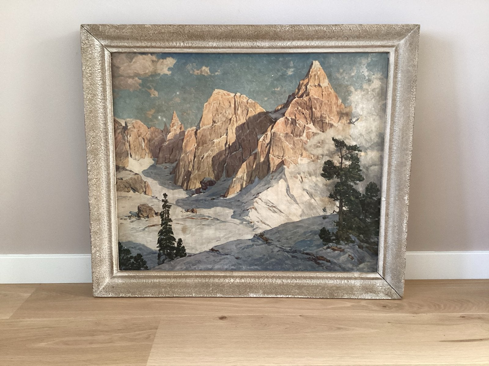 Schilderij berglandschap met sneeuw en bomen, Antiek en Kunst, Kunst | Schilderijen | Klassiek, Doek, Realistisch, Ophalen of Verzenden