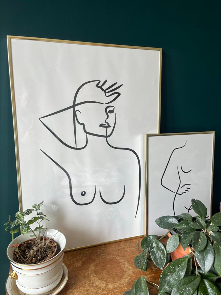 Set van 2 posters/ tekeningen in gouden lijst, Ophalen of Verzenden