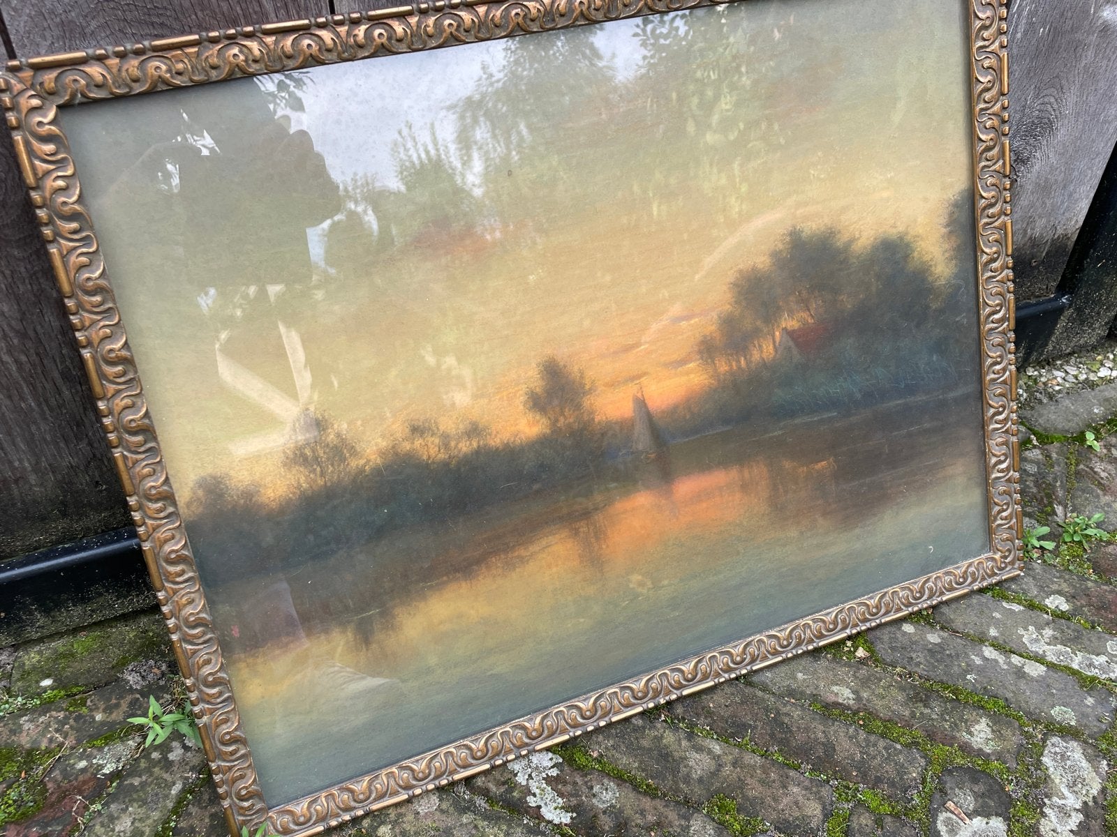 Schilderij zonsondergang met molen en boot 53,5x67 cm, Ophalen, Doek, Realistisch, Landschap