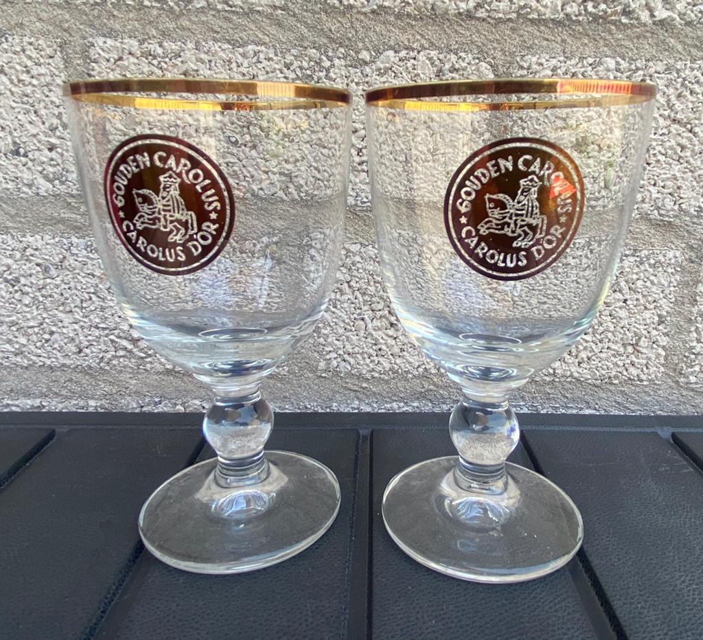 2 Gouden Carolus / Carolus d’Or bierglazen. Hoogte 15 cm., Ophalen of Verzenden, Zo goed als nieuw, Glas of Glazen, Overige merken
