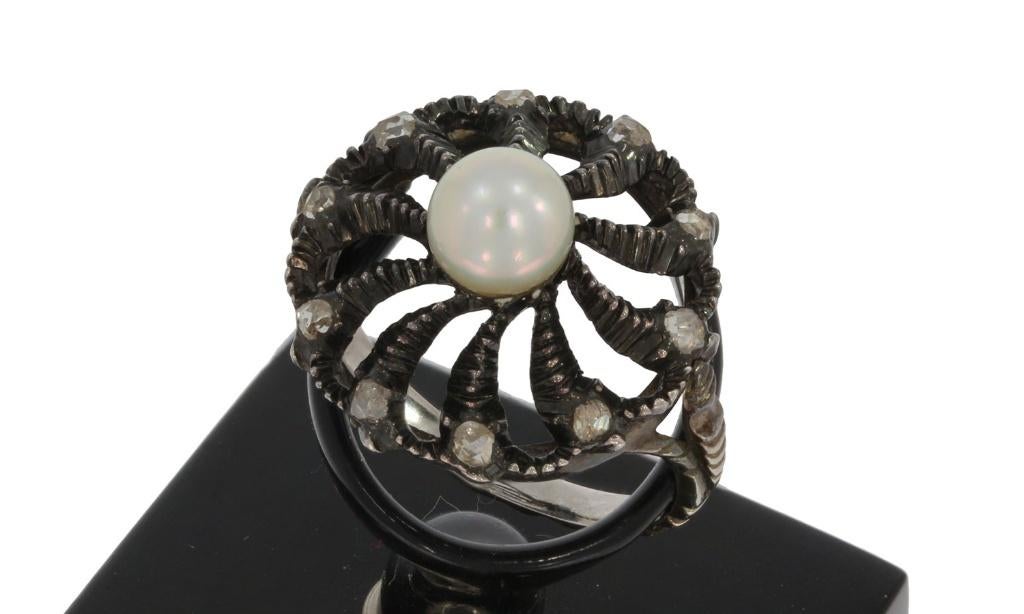 Diamanten parel antieke dames ring zilver doos klassiek, Verzenden, Zilver, Ring, Met edelsteen