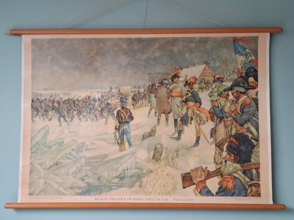 Prachtige schoolplaat 26 Franse troepen trekken over de Lek, Antiek en Kunst, Antiek | Schoolplaten, Ophalen of Verzenden, Geschiedenis