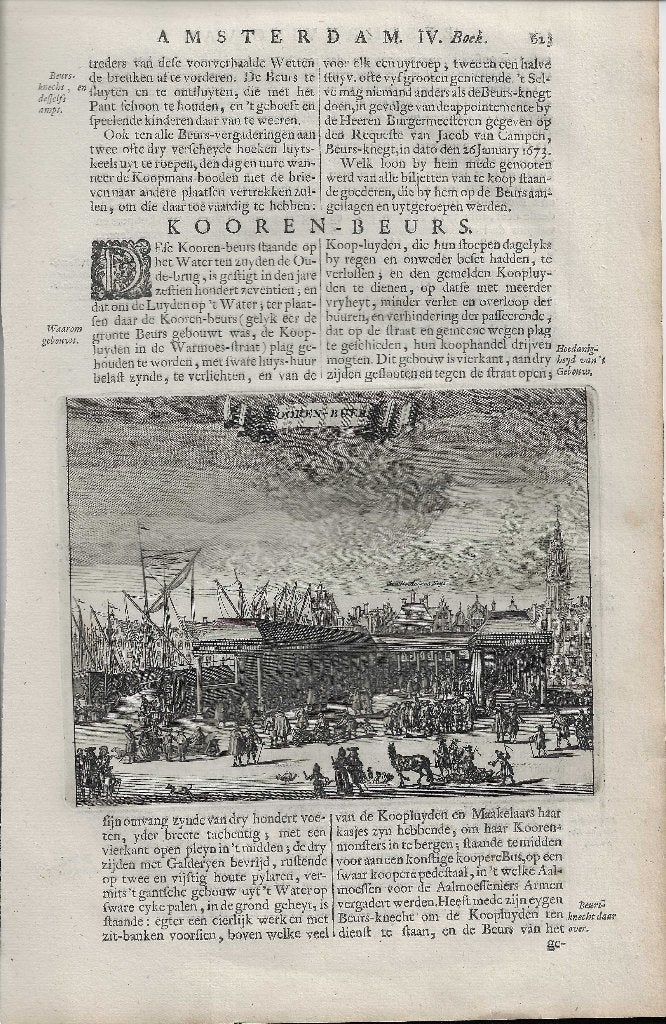 KOOREN- BUERS Korenbeurs Damrak 1691 Kopergravure, Stadsgezicht, Gravure, 12 cm, Met tekst