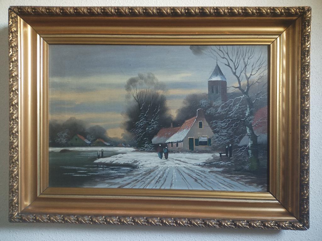Schilderij - sneeuwlandschap en vrouwenfiguren., Ophalen of Verzenden