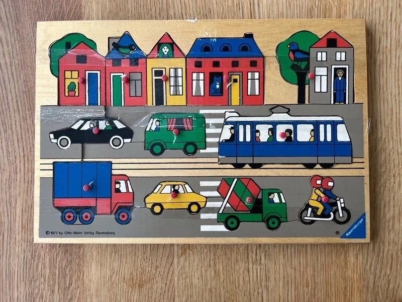 Ravensburger - houten noppenpuzzel - verkeer - 1977, Kinderen en Baby's, Speelgoed | Kinderpuzzels, 2 tot 4 jaar, Gebruikt, 10 tot 50 stukjes