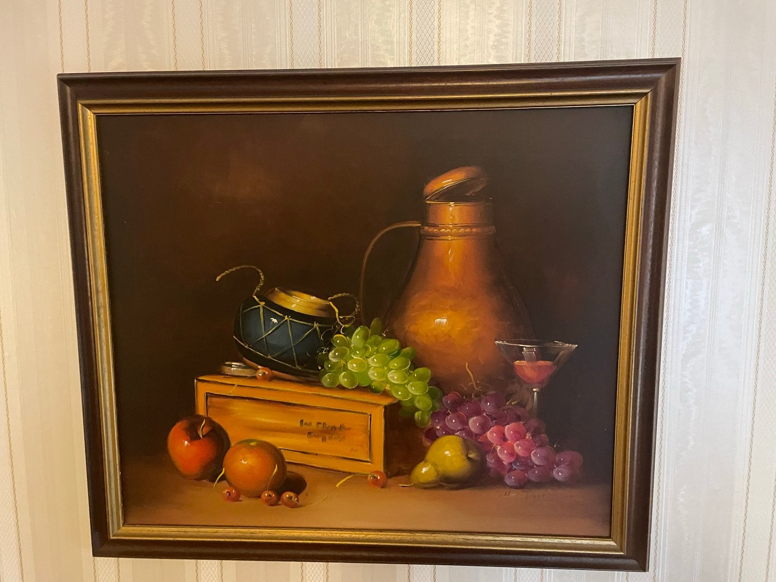 Klassiek stilleven met fruit en koperen kan, Antiek en Kunst, Kunst | Schilderijen | Klassiek, Ophalen, Doek, Stilleven, Olieverf