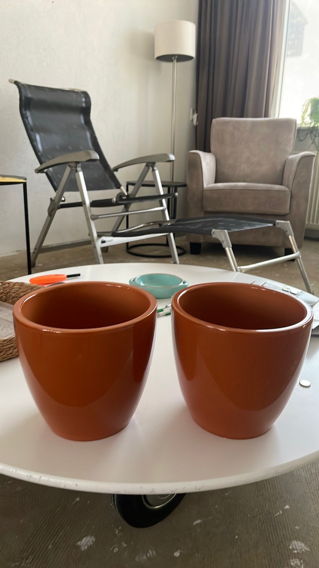 Ronde Terra kleurige bloempotten waterdicht, Tuin en Terras, Bloempotten, Ophalen, Rond, Zo goed als nieuw, Balkon