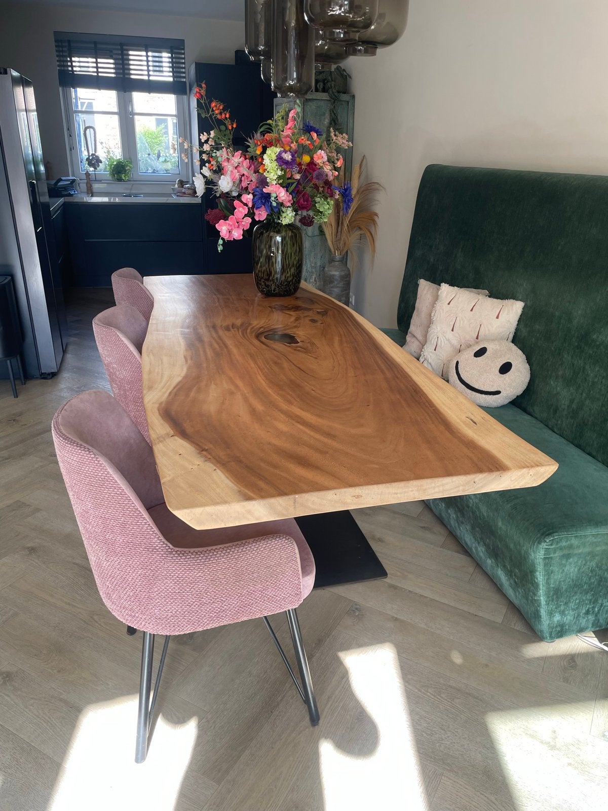 Eetkamerbank Keijser en Co, velvet groen, 2.20m, Huis en Inrichting, Ophalen, Zo goed als nieuw, Stof