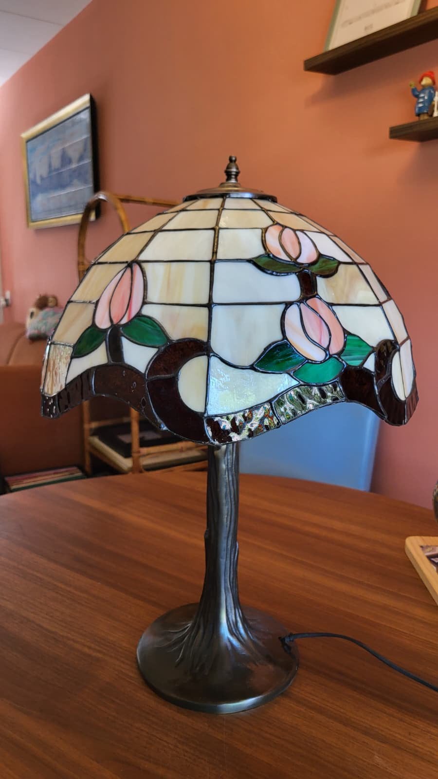 Tiffany stijl tafellamp glas in lood, Ophalen, Zo goed als nieuw, Glas, Vintage