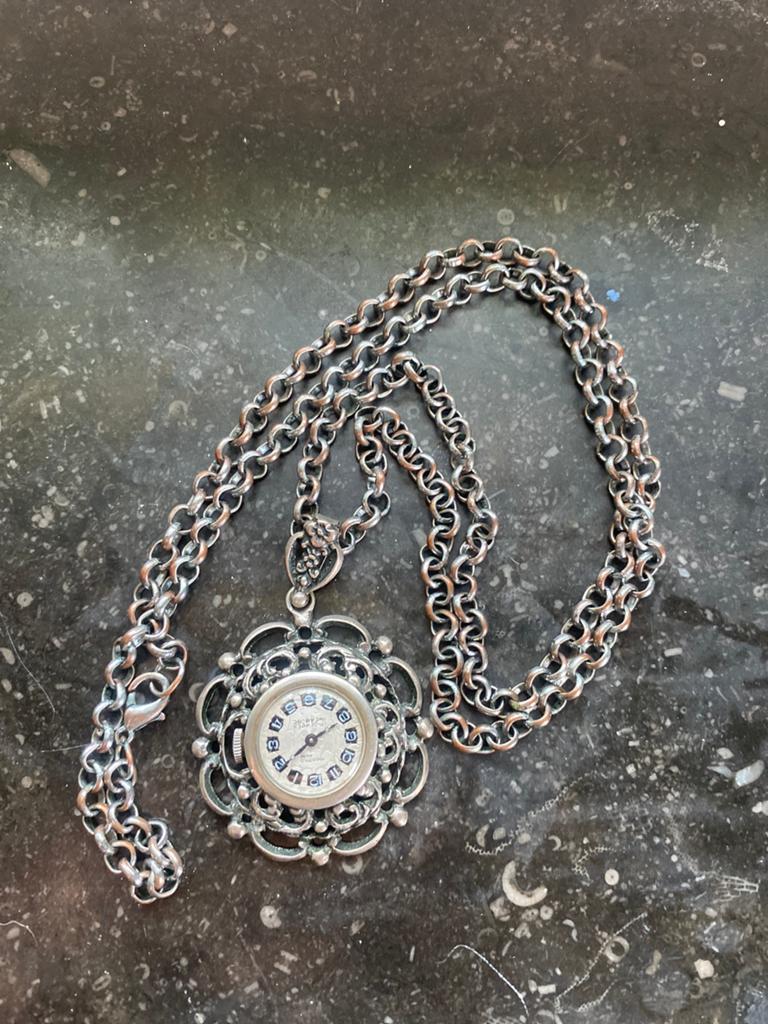 Vintage 835 zilver goedlopend hanghorloge met 70 cm ketting, Met hanger, Verzenden, Zo goed als nieuw, Zilver