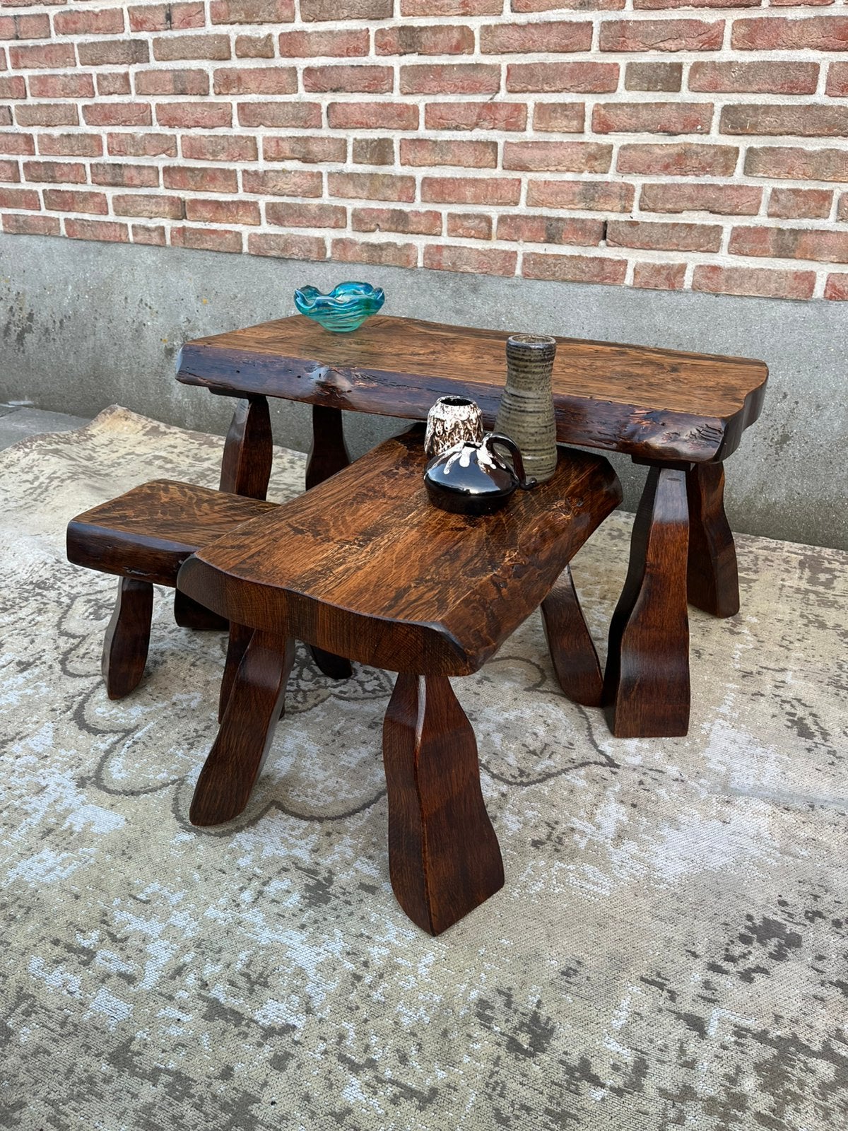Vintage grote brutalist wabi sabi boomstam salontafel set, Ophalen