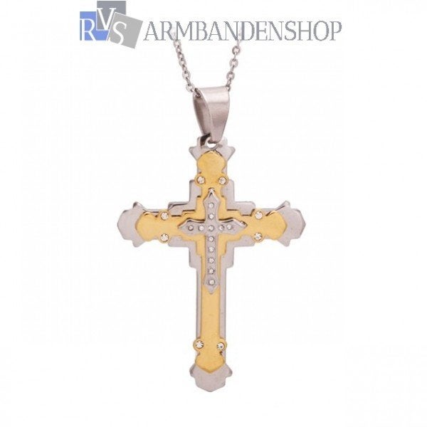 Rvs kruis hanger gouden kruisje van rvs inclusief ketting, Overige materialen, Verzenden, Nieuw, Kruis of Symbool