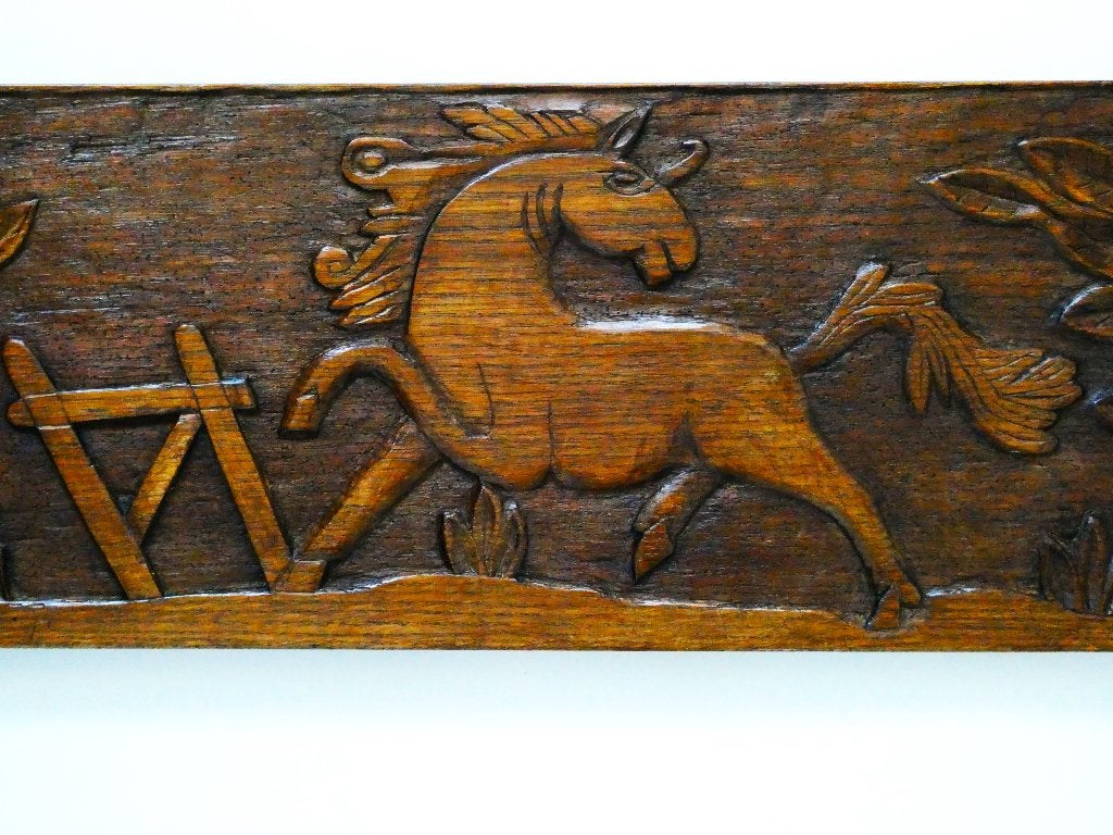 Antiek houtsnijwerk paneel met een eenhoorn fabeldier paard, Overige onderwerpen, Houtsnijwerk, Handgemaakt, Hout