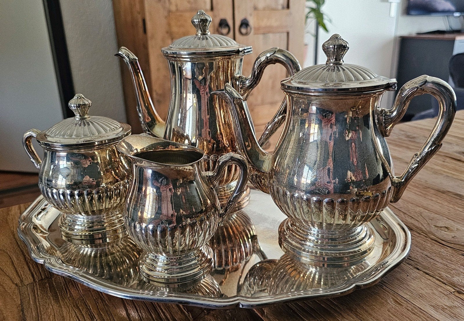 Verzilverd theeservies met dienblad, Antiek en Kunst, Ophalen of Verzenden